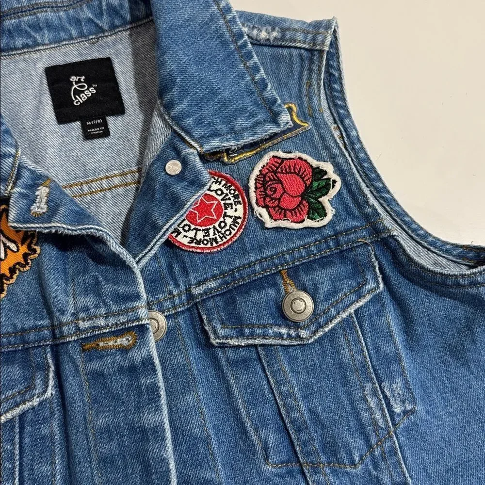 Art Class Blue Denim Vest with Vibrant Patches